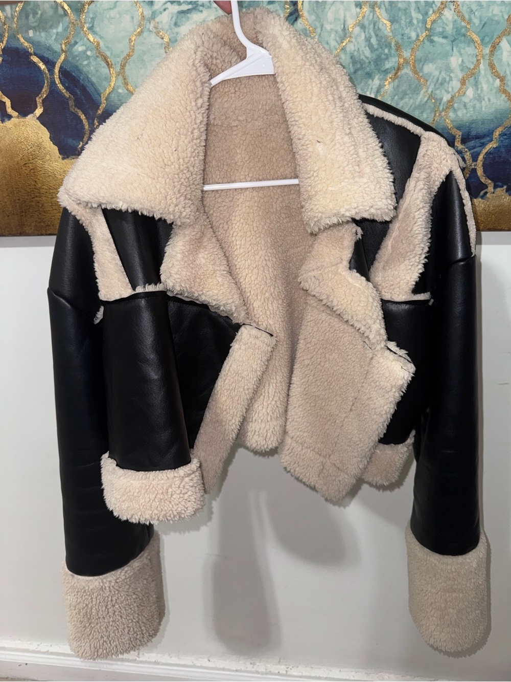 Women’s Black Faux Leather Aviator Jacket with Cream Sherpa Lining